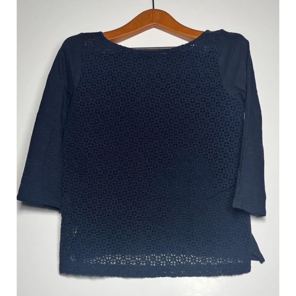 Ann Taylor Loft Blouse Top Women Medium Navy Blue Crochet Lace Overlay Boat Neck